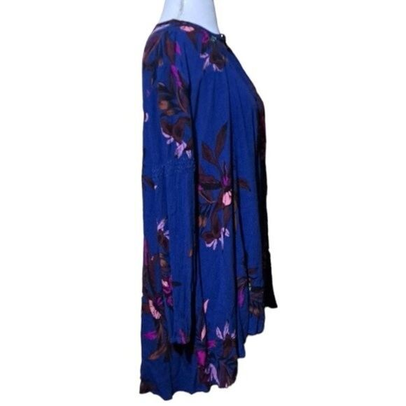 Free People Dress Women XS Tree Swing Blue Tunic Floral Keyhole Boho Long Sleeve - Picture 3 of 9